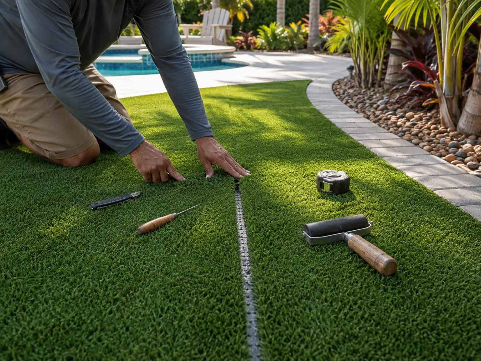 Artificial turf seam alignment and infill finishing work