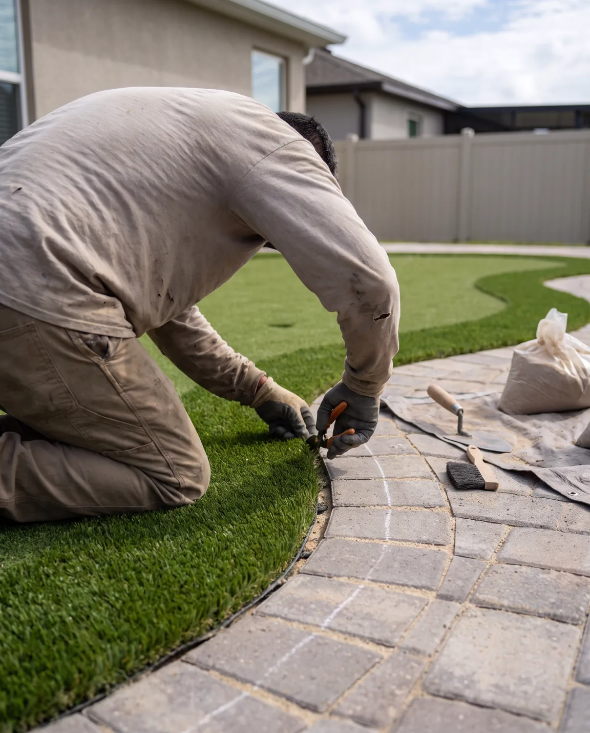 Turf-edge grooming beside a backyard transition.