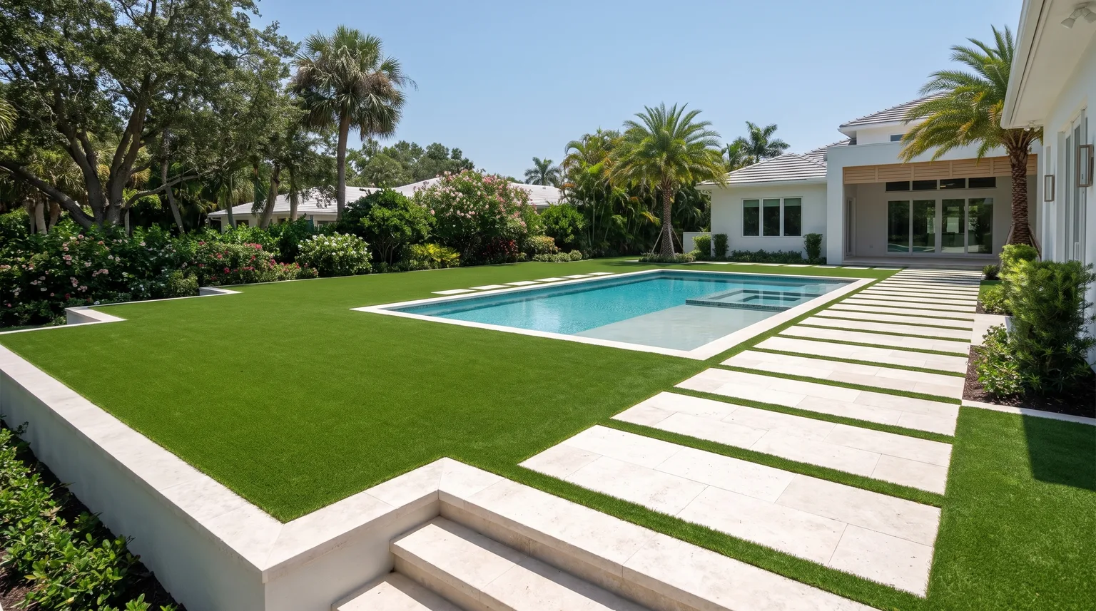 Finished artificial turf backyard with a pool, pale pavers, and Florida landscaping