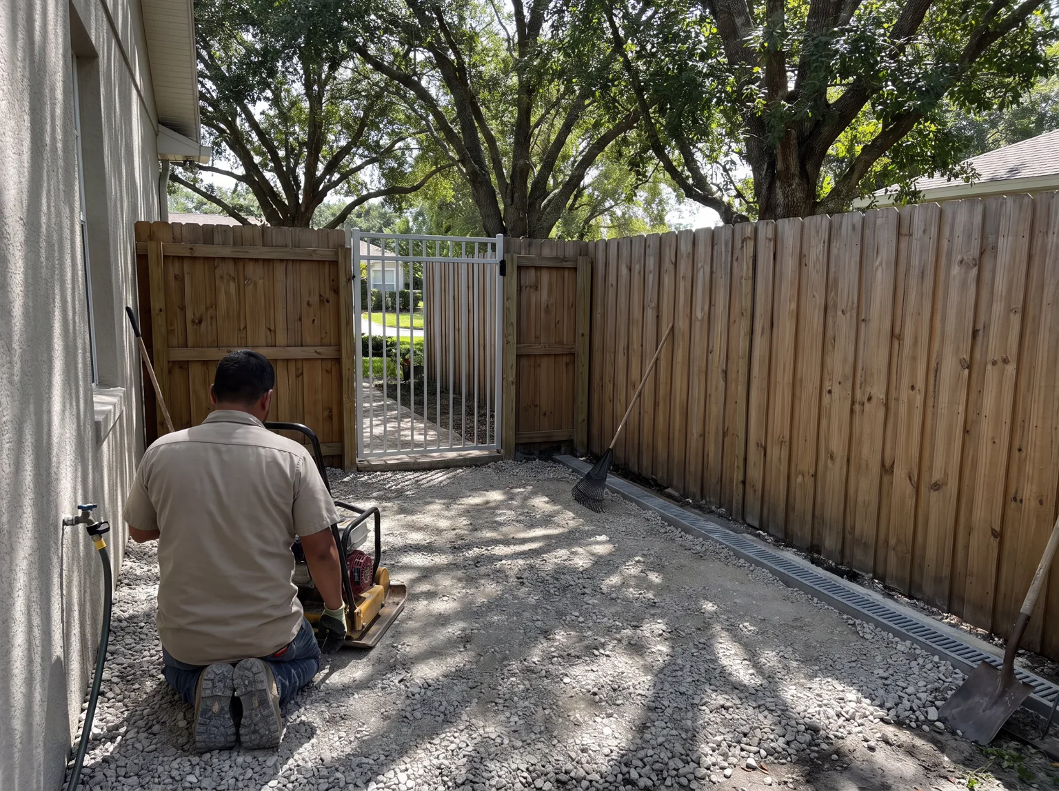 Permeable aggregate base and drainage preparation in a fenced pet area.