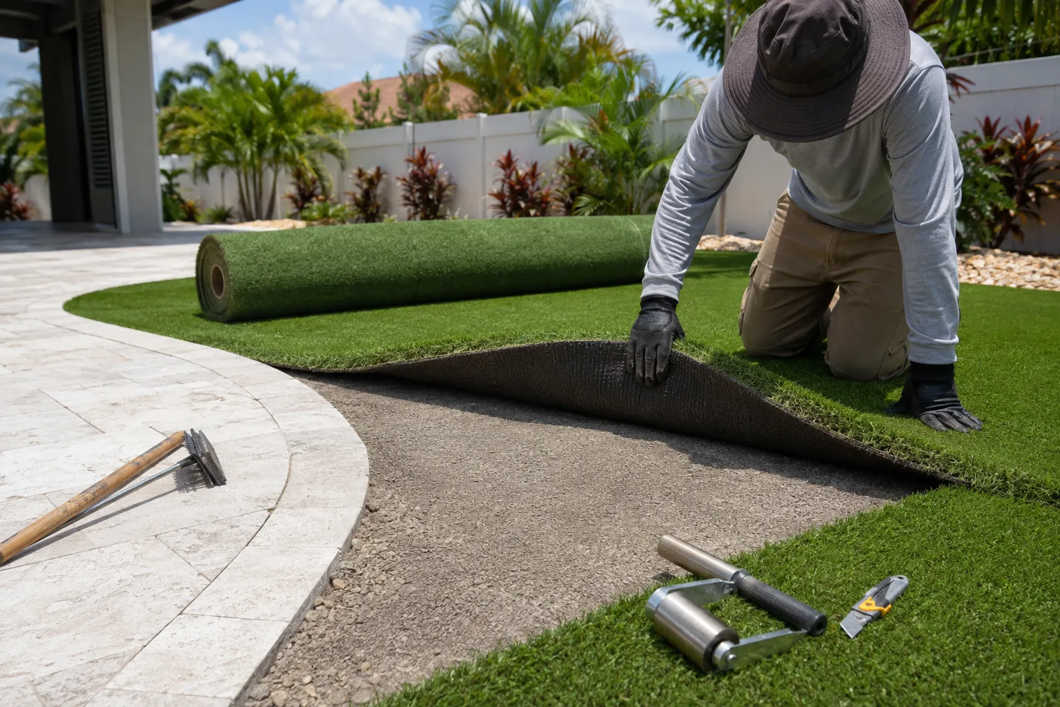 Turf replacement scene with old turf, exposed base, and new turf ready for review