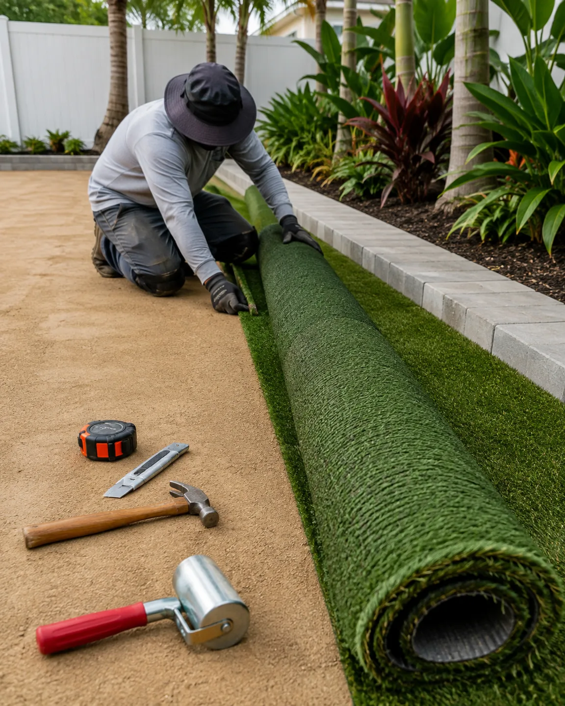 New turf alignment during replacement beside a prepared base.
